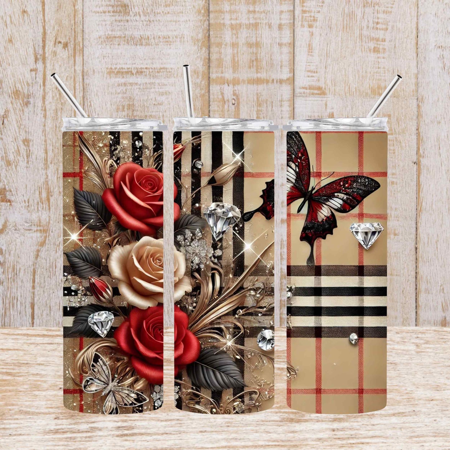 Luxury Floral & Butterfly Plaid 20oz Skinny Tumbler | Elegant Roses & Diamond Bling Tumbler