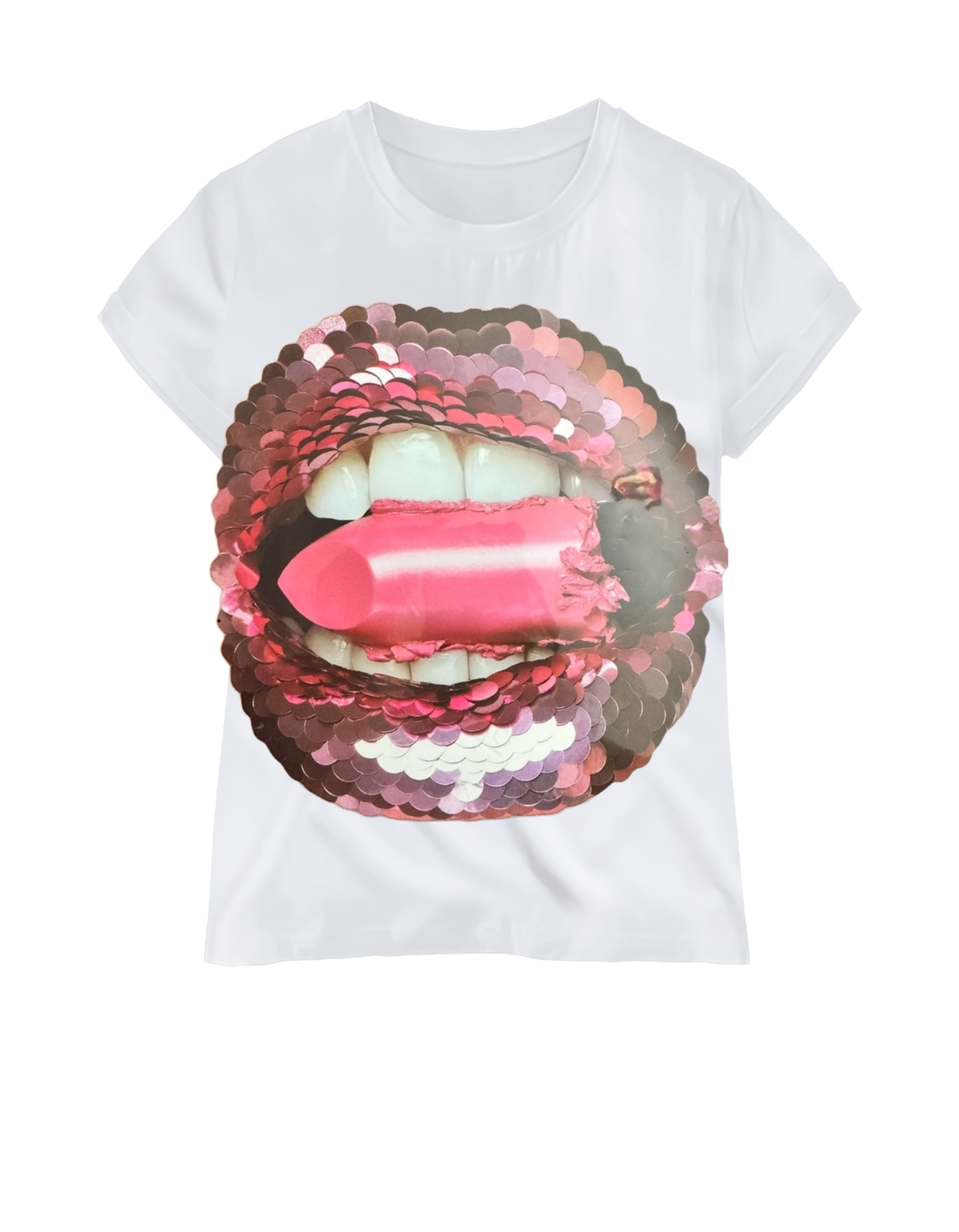 "Sequin Lips" Womens White Short Sleeve T-Shirt